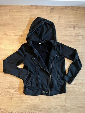 BP Black Cotton Full-Zip Moto Hoodie | Stylish French Terry Hooded Jacket - S